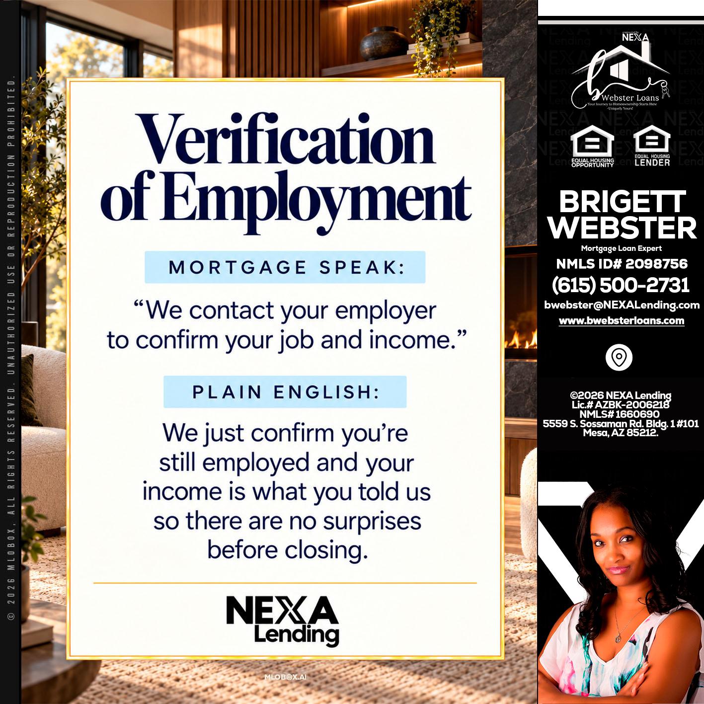VERIFICATION OF EMPLOYMENT - Brigett Webster -Mortgage Loan Expert